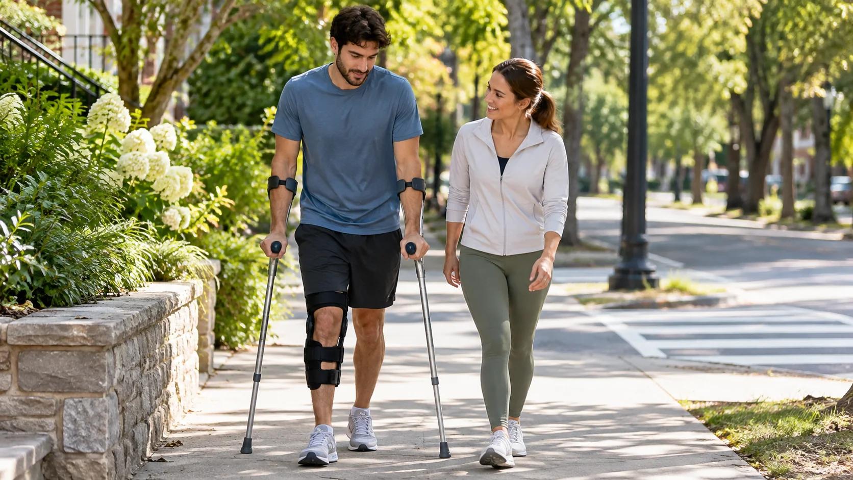 An adult using forearm crutches on a sidewalk beside a companion