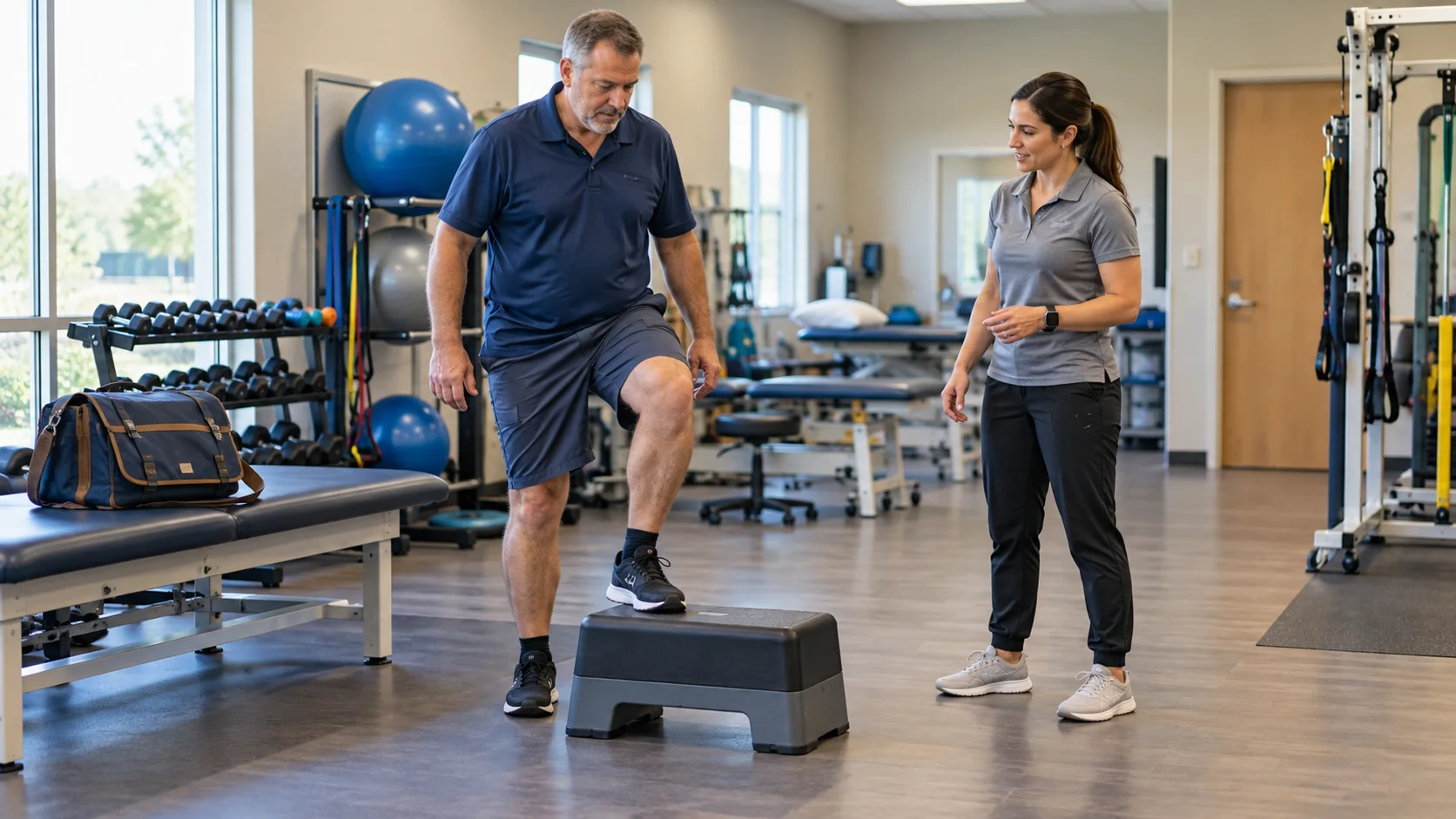 A delivery worker practicing a step-up with a physical therapist in a rehabilitation gym