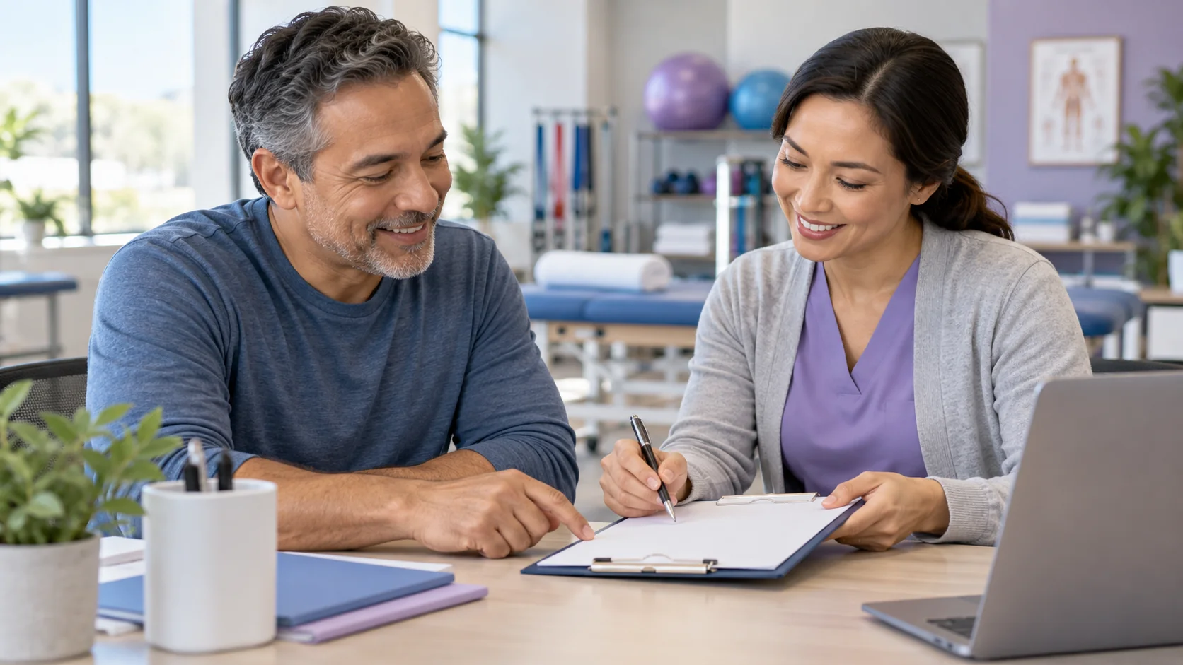 An adult and a clinic coordinator reviewing paperwork together
