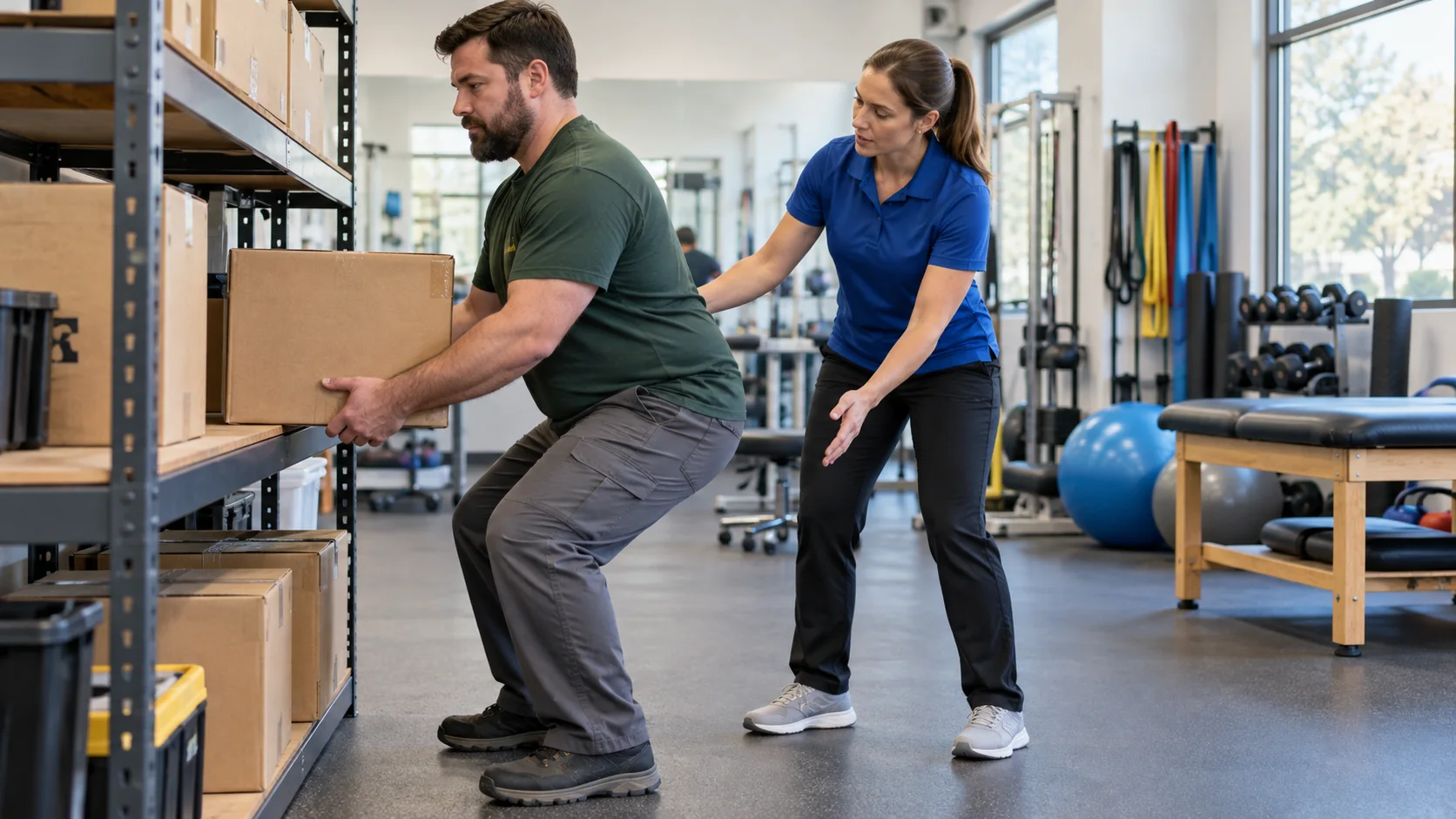 An employee practicing lifting a carton at a simulated work station with a therapist